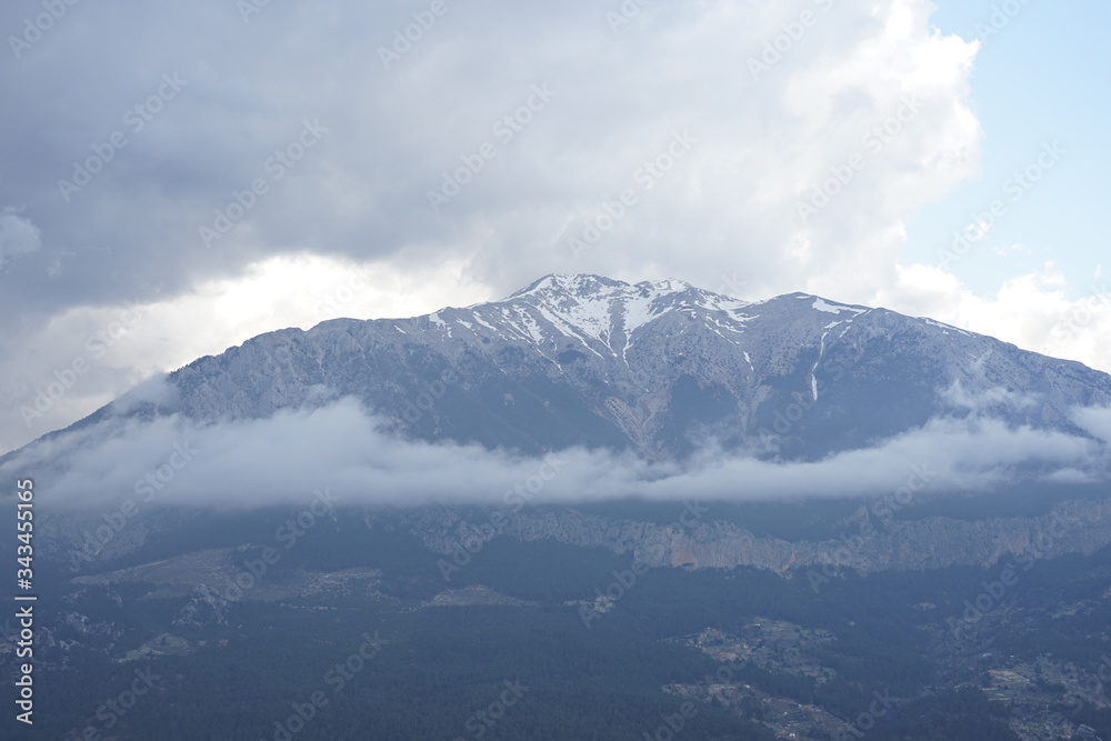  mountain view with snow and large clouds