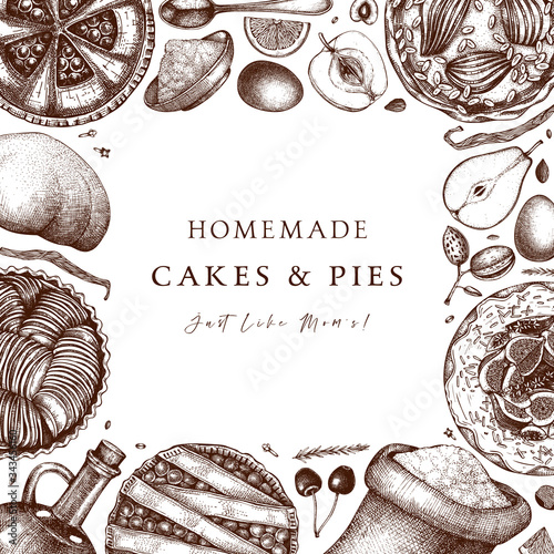 Fruit and berry desserts cooking process frame. Hand drawn baking cakes, pies, dough, kitchen stuff, ingredients design. Homemade fruits dessert recipe book template.