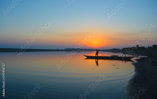 Sunset at The River Brahmaputra in Majuli Island, Assam.