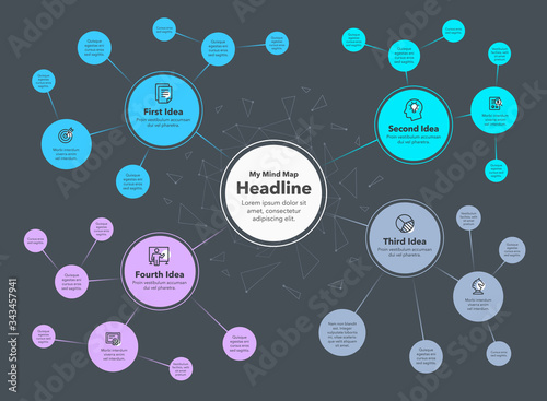 Simple infographic for mind map chart template with place for your description - dark version. Easy to use for your design or presentation.