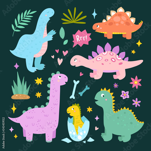 Dinosaur vector clipart. Cute animal illustration set. Dinosaurs and dragons children collection. Cute characters and nature elements