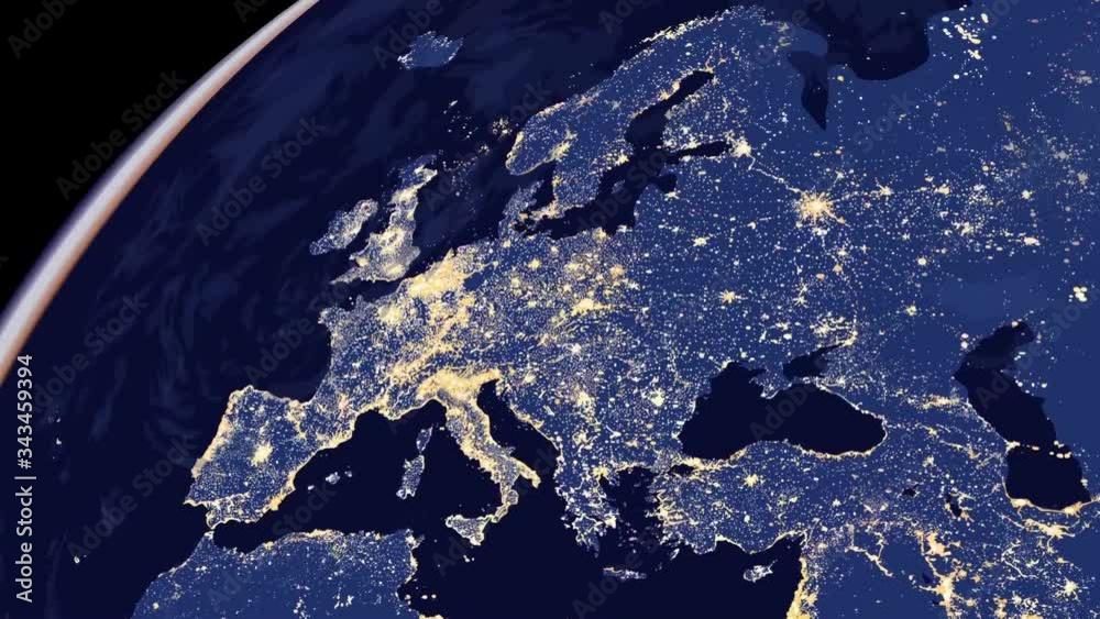 Europe city lights map from space animation