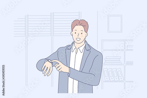 Time management, business concept. Young smiling businessman girl clerk manager cartoon character standing showing clocks in office and looking at camera. Work delay or project deadline illustration.