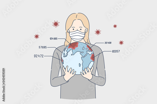 Report, biohazard, coronavirus, danger concept. Young woman cartoon character in medical face mask holding planet earth in hands. COVID19 desease and 2019ncov infection live data statistics vector.