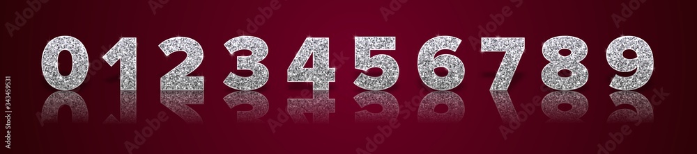 Silver glitter numbers with reflection and shadow in royal style on red background for invitation card and sale banner. Holiday decoration. Vector isolated template