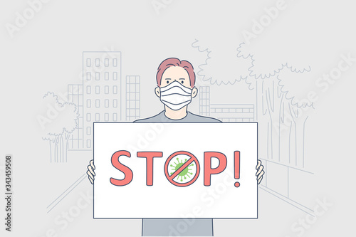 Healthcare, manifestation, infection, coronavirus, activism concept. Man activist cartoon character in medical mask with banner protest against COVID19 desease. Stop 2019ncov biohazard illustration.