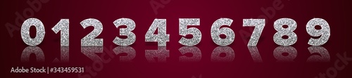 Silver glitter numbers with reflection and shadow in royal style on red background for invitation card and sale banner. Holiday decoration. Vector isolated template