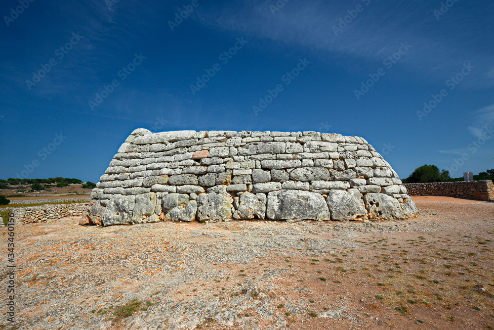 Panoramic view of the Naveta des Tudons archaeological site on the island of Menorca in Spana
