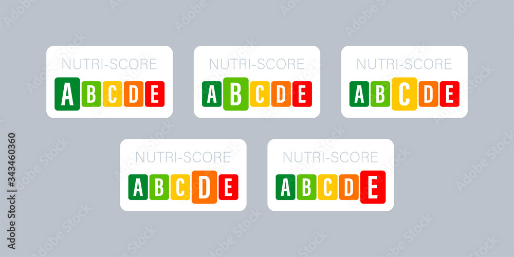 Fototapeta premium Nutri score for packaging design. Logo, icon, label. Vector stock illustration.