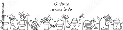 Vector seamless border with watering cans, flower pots, tulips, rubber boots. Figures of bird, butterfly and dragonfly on sticks. Doodle style illustration in black ink isolated on white background.