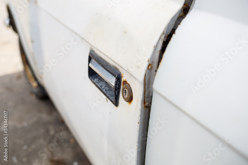 old car, rusty broken body, abandoned parking