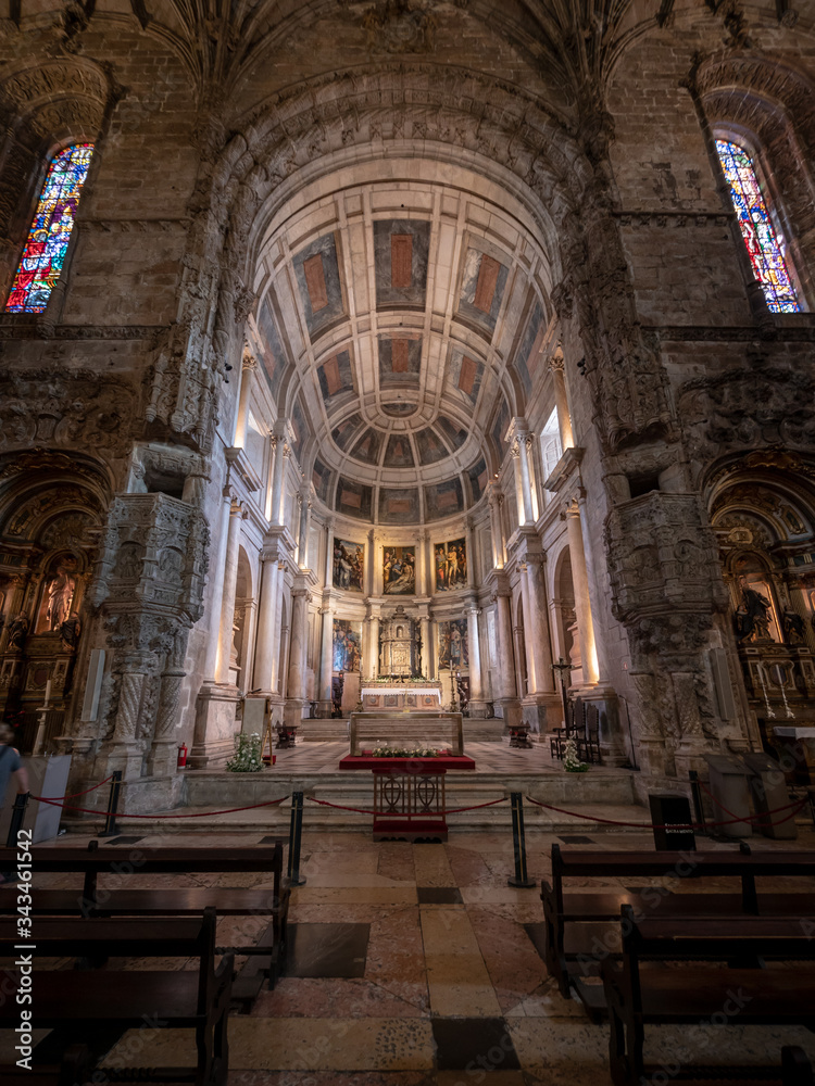 The Church of Santa Maria altar and chancel; part of the UNESCO protected Jeronimos Monastery in Lisbon, Portugal.