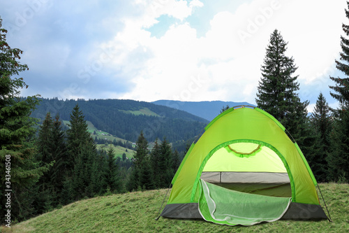 Green camping tent near beautiful conifer forest