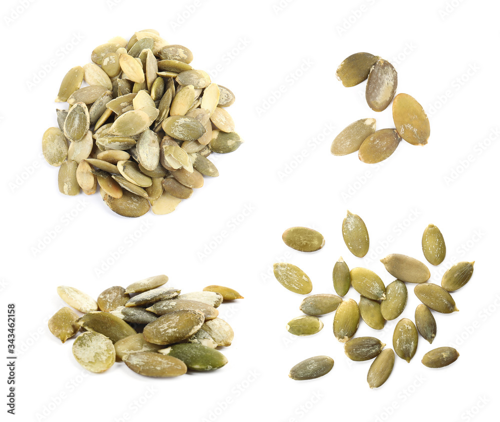 Set of raw pumpkin seeds on white background Set of raw pumpkin seeds on white background