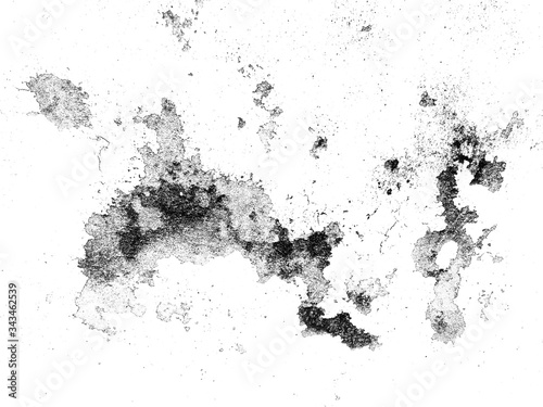 Abstract grunge background of dirty black stain texture look like world map isolated on white wall. Exterior damaged plaster & peeling cement effect with dark gray color for wallpaper or backdrop 