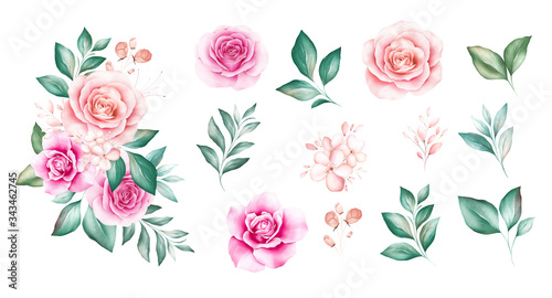 Set of watercolor flowers bouquet with individual elements. Floral illustrati...