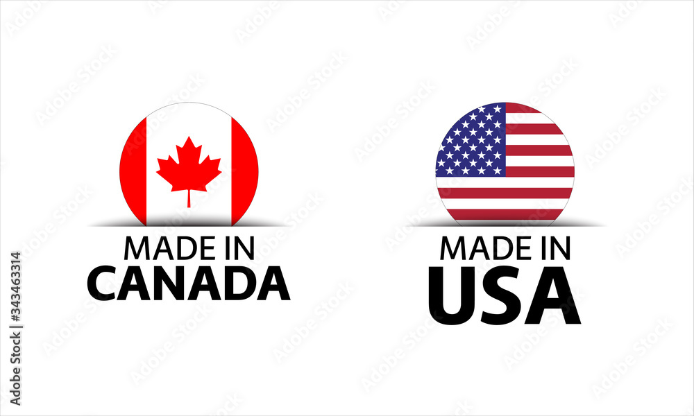 Set of two Canadian and United States of America stickers. Made in Canada and Made in USA. Simple icons with flags isolated on a white background