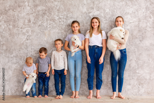Happy children of different age with puppies standing in line
