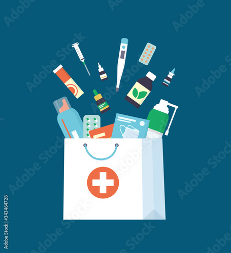 Medicines, drugs, pills and bottles falling down into paper shopping bag. Home delivery pharmacy service. Vector illustration in flat style on white background