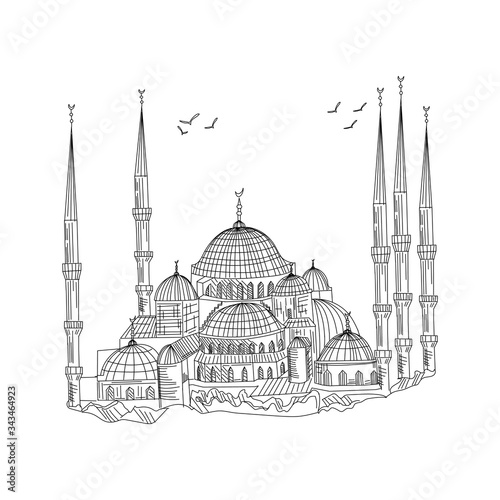 Mosque. Hand drawn sketch vector illustration on white background. Black and white