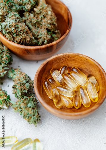 Assorted medical cannabis buds, capsules and CBD oil