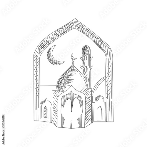 Mosque. Hand drawn sketch vector illustration on white background. Black and white