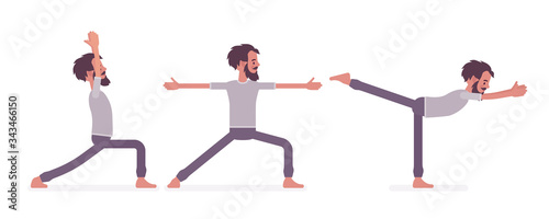 Young man in yogi sports wear practicing yoga, doing standing poses, Warrior one, two, three variation, Virabhadrasana 1, 2, 3 exercises, healthy habit workout. Vector flat style cartoon illustration