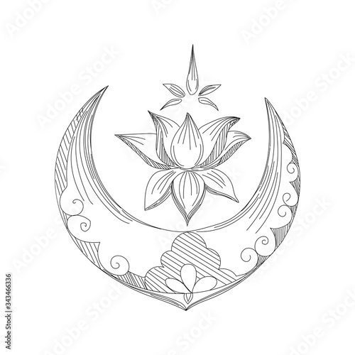 Crescent Moon with flowers. Hand drawn outline vector sketch illustration