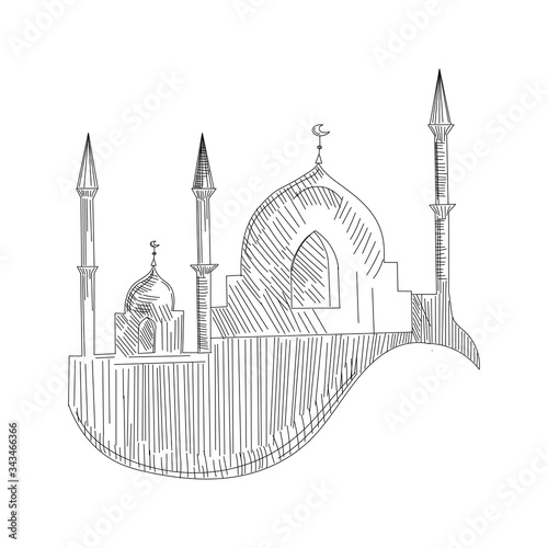 Mosque. Hand drawn sketch vector illustration on white background. Black and white