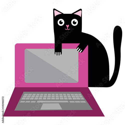 Cute cartoon pet cat and laptop vector illustration. Cheeky black kitty stares out from behind monitor and disrupts business office work flow. Hand drawn fun motif for working from home concept.