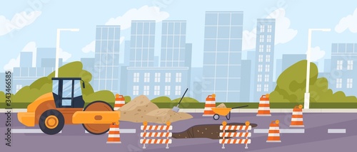 Roadworks in the city. Steamroller in front of a pit surrounded by traffic cones. Urban road construction, repair. Compactor asphalting a highway. Vector illustration in flat cartoon style
