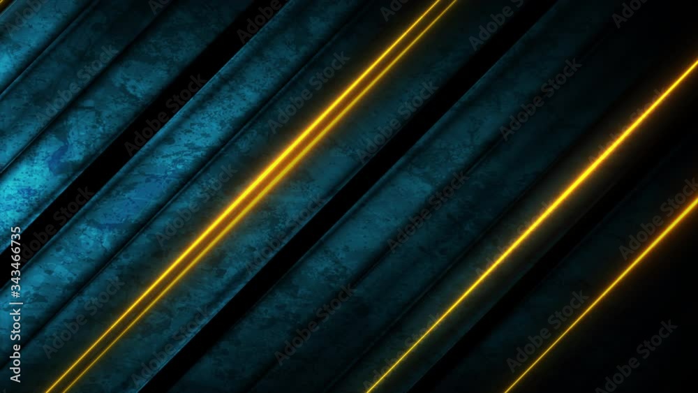 Dark blue striped background with glowing yellow lines. Abstract neon grunge motion design. Seamless looping. Video animation Ultra HD 4K 3840x2160