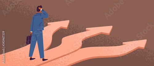 Thoughtful man standing at crossroads. Way choice concept. Start of career. Confused businessman thinking about the right path. Pathway selection dilemma. Vector illustration in flat cartoon style