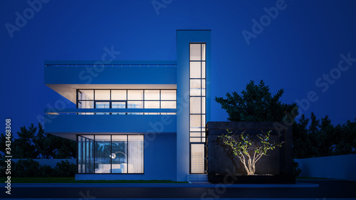 Modern house with white plaster with a balcony and a high staircase, in cold night light with warm light from the Windows against the background of trees and a white fence 3D stock illustration.