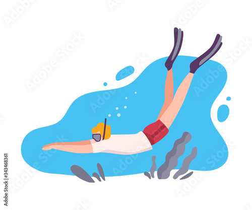 Male Scuba Diver Swimming under the Water with Small Fishes, Man Exploring Underwater Marine Life, Extreme Hobby Flat Vector Illustration
