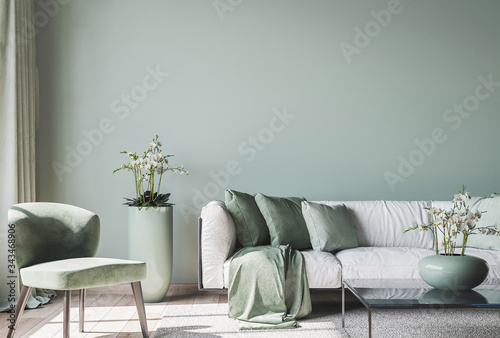 living room interior mock up, modern furniture and trendy home accessories, on colored background