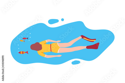 Top View of Girl Scuba Diver Swimming under the Sea, Water Sport, Extreme Hobby Flat Vector Illustration