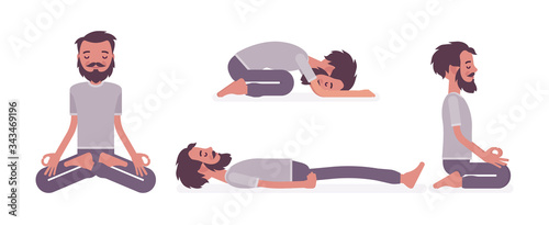 Man in yogi wear practicing yoga in restorative, seated poses, Padmasana, Lotus variation, Child, Balasana exercise, seiza vajrasana, Dead Body, Savasana. Vector flat style cartoon illustration