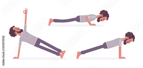 Man in yogi sport wear practicing yoga, doing Push and press ups, phalankasana, Plank exercise, Vasisthasana pose, handsome guy training, healthy habit workout. Vector flat style cartoon illustration photo