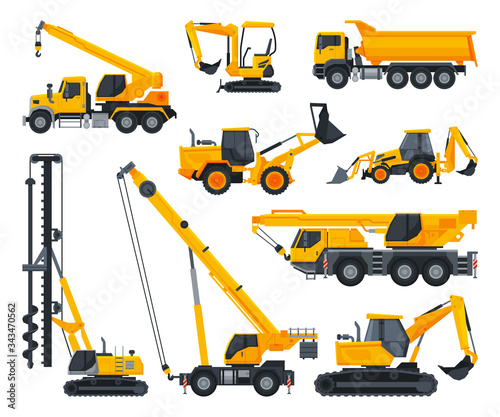 Construction Heavy Machinery Set, Heavy Special Transport, Truck, Excavator, Bulldozer, Crane Service Vehicles Vector Illustration