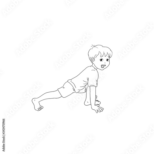 Kids Yoga - Joga f  r Kinder  Asana Sprinter  horizontal Banner Design Concept Cartoon. Junge barfu   in Yoga Haltung  macht fr  hliches Gesicht. Yogi Logo auf Hintergrund in wei  .