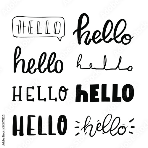 Eight different ways of writing of the word Hello. Vector illustration. Hand drawn lettering