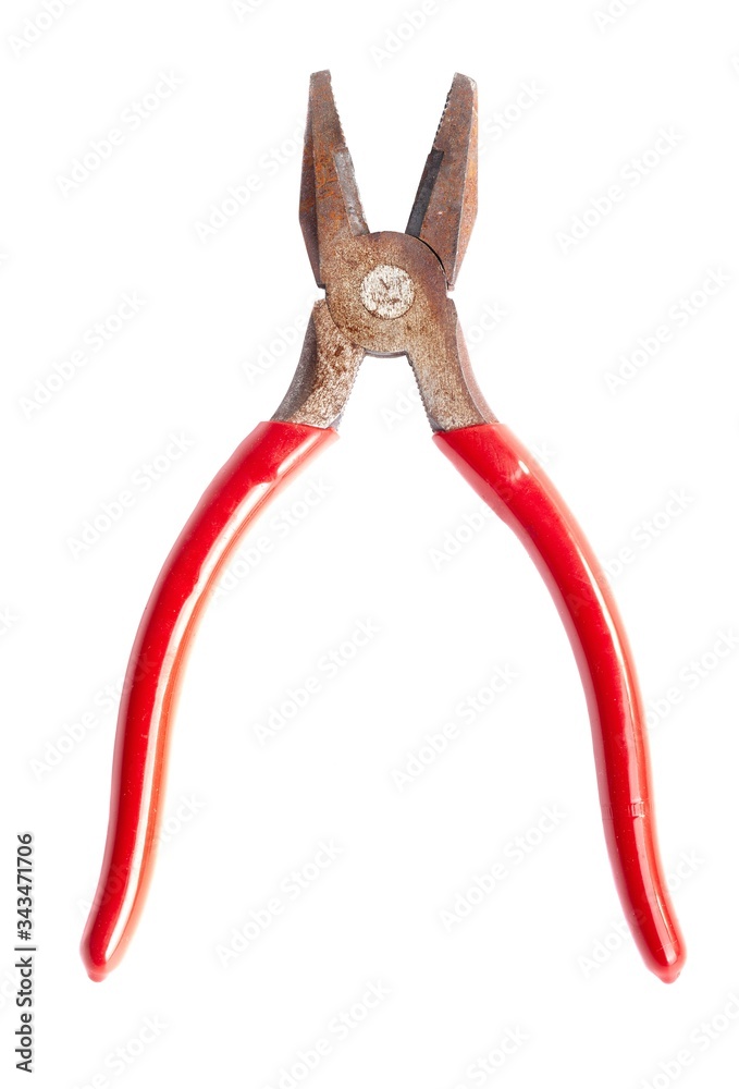 Plyers isolated on white background, rusty plier head Plyers isolated on white background, rusty plier head