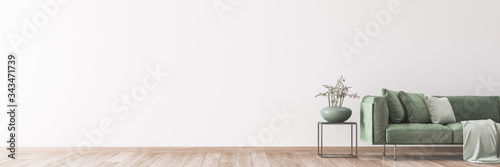 living room interior mock up, modern furniture and trendy home accessories, on white background, panorama
