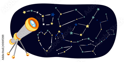 Simple vector telescope with 6 different star constellations. Dolpnin, whale, fox, lion, great bear. Horisontal banner for web decoration, educational book for children, wall poster.