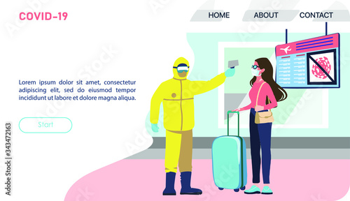 checking the temperature of passengers at the airport using a temperature sensor; masked passenger and officer in Hazmat suit are used for information posters, infographics, etc. Banner, web page, mag