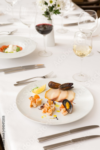 Prepared seafood platter served in a restaurant