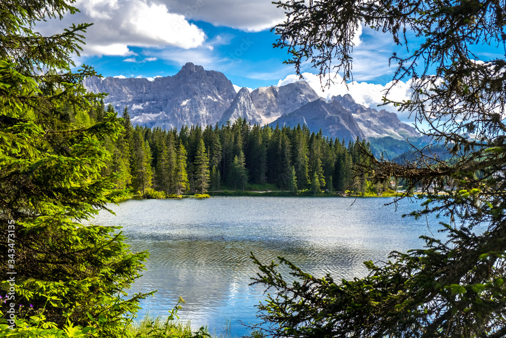 Landscape on Lake Misurina in the Italian Alps. Summer landscape in the Italian Dolomites. South Tyrol Italy. Europe. Landscape on Lake Misurina in the Italian Alps. Summer landscape in the Italian Dolomites. South Tyrol Italy. Europe.