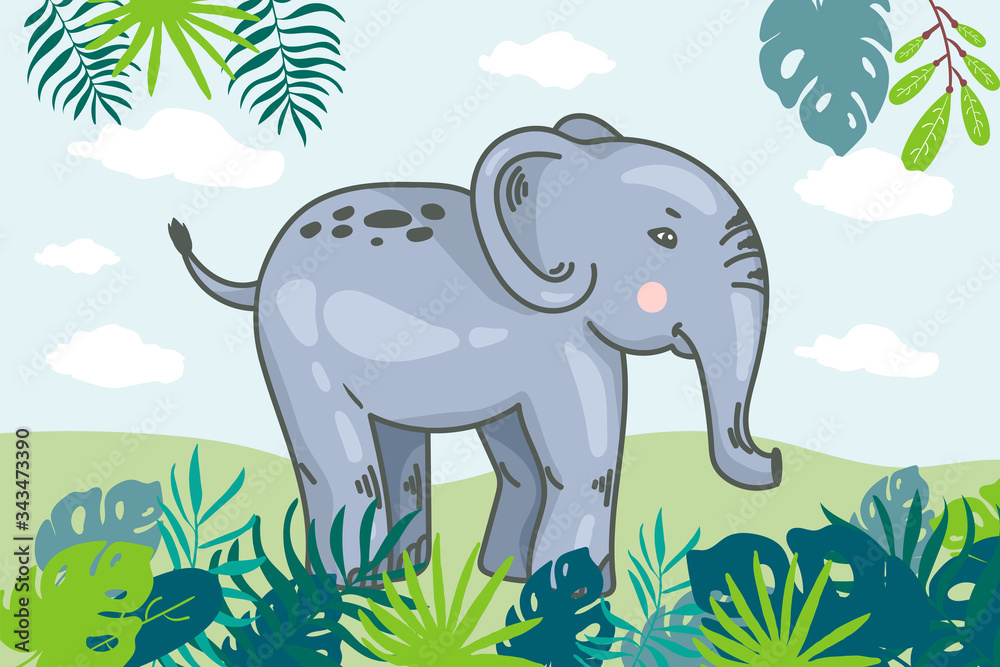 Fototapeta premium Zoo. African fauna. Elephant in leaves. cartoon jungle Hand drawn illustration for design, emblem, badge, t-shirt print. Engraving of wild animal. Classic vintage style image.