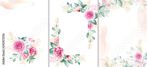 Wedding invitation card template set with gold watercolor floral decorations ...